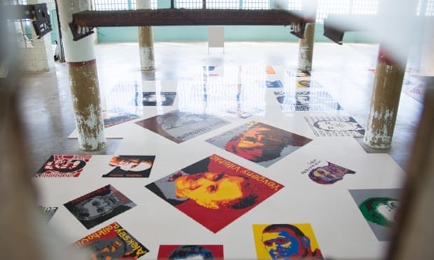 Trace, the show’s most ambitious work, consists of six large carpets of Lego blocks that depict more than 175 prisoners of conscience, past and present Photograph: Mae Ryan