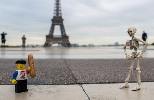 A skeleton meeting a lego boy in Paris